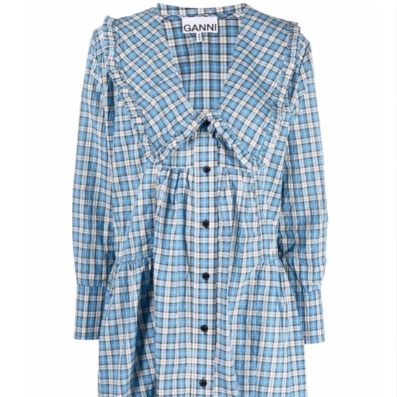 GANNI Seersucker check-print gathered dress - Picture 1 of 7